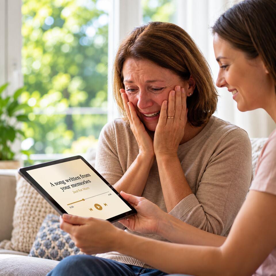Person reacting emotionally to receiving a personalised song