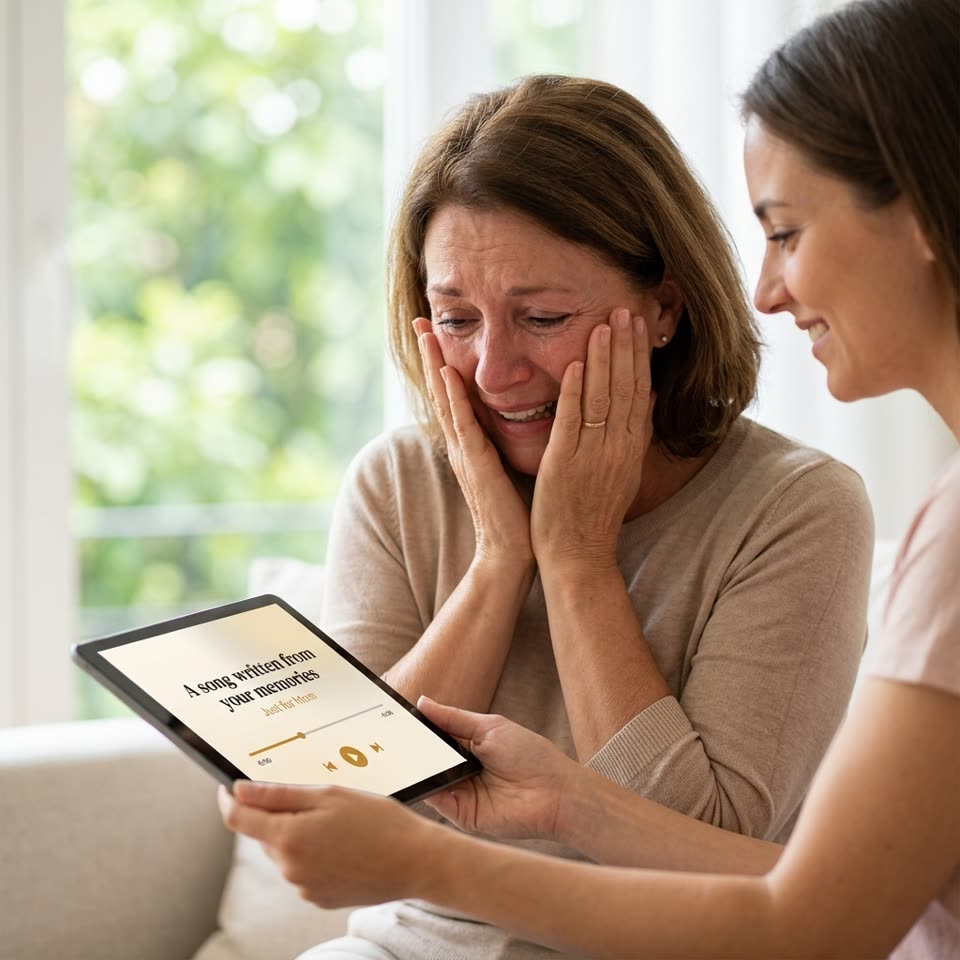 Person reacting emotionally to receiving a personalised song