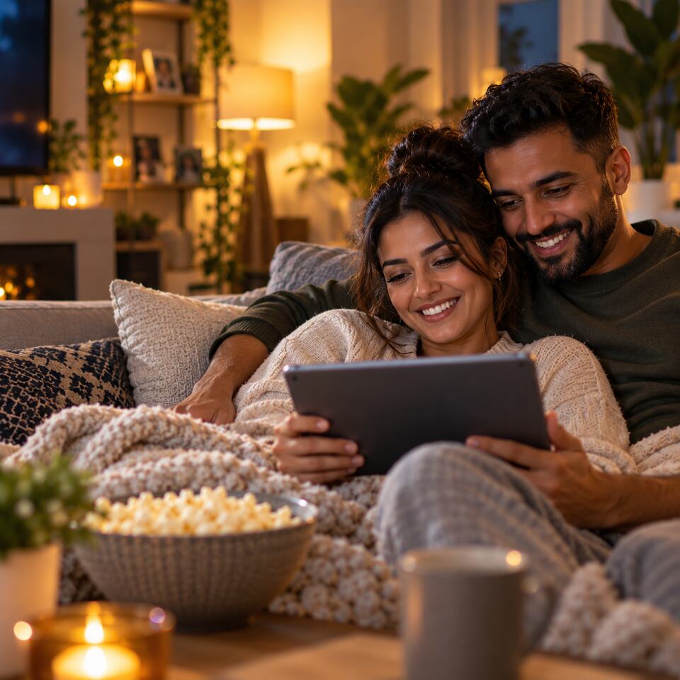 A couple listening to their song together on the sofa