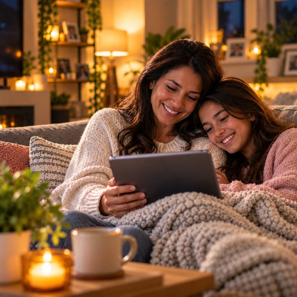 A mum and her daughter listening to a personalised song together on the sofa