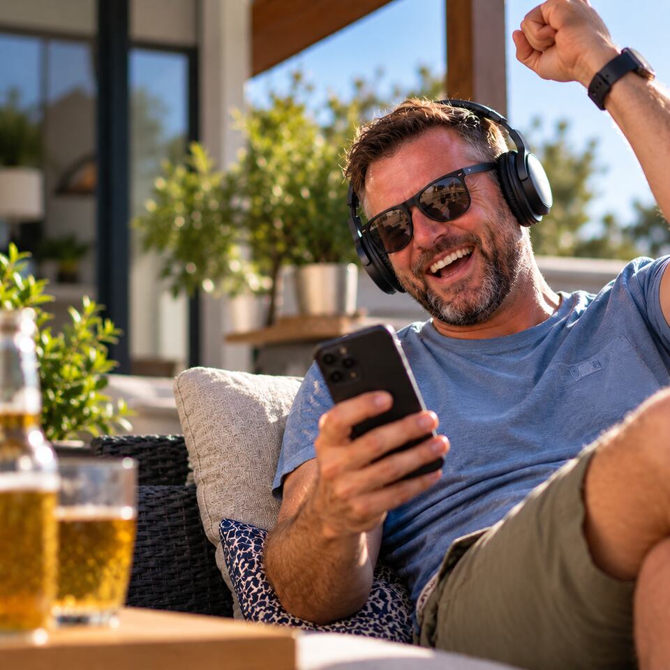 A man listening to his song outdoors on his phone