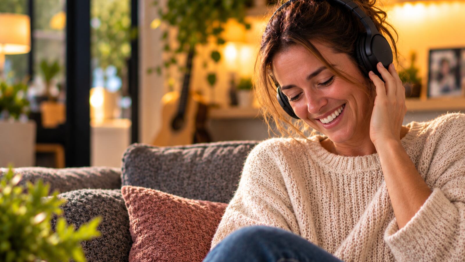 A woman listening to her birthday song on headphones