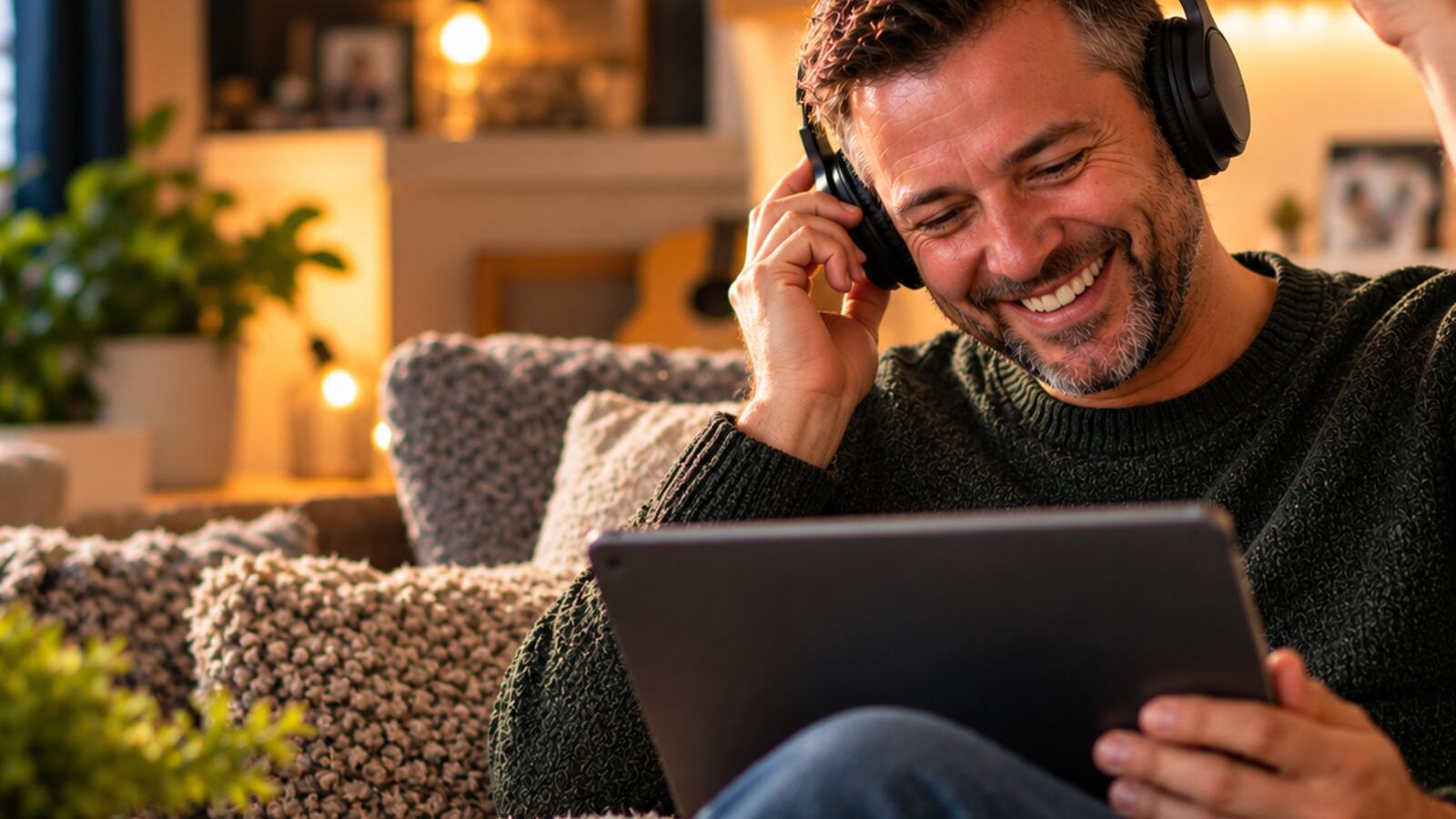 A man listening to his song on headphones at home