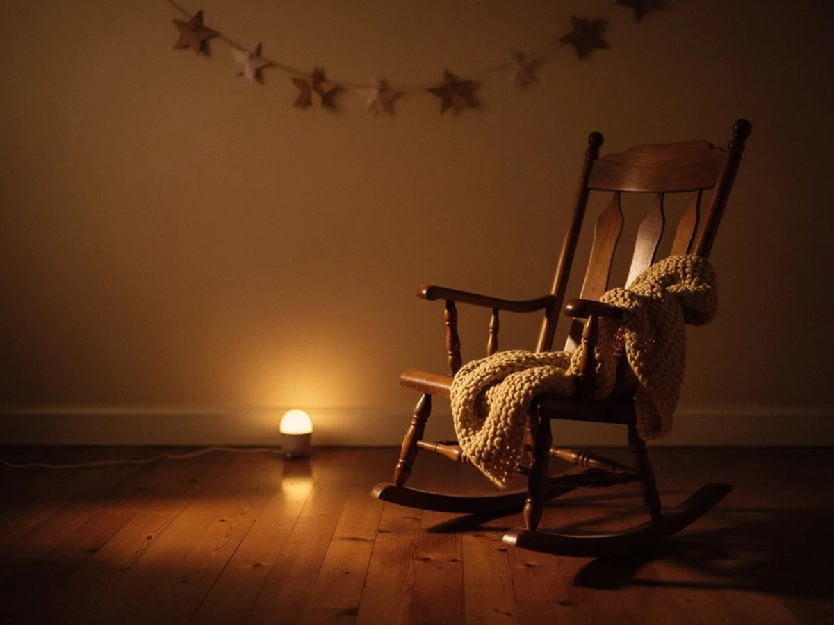 An empty rocking chair in a darkened nursery with a knitted blanket over the arm and paper stars strung above