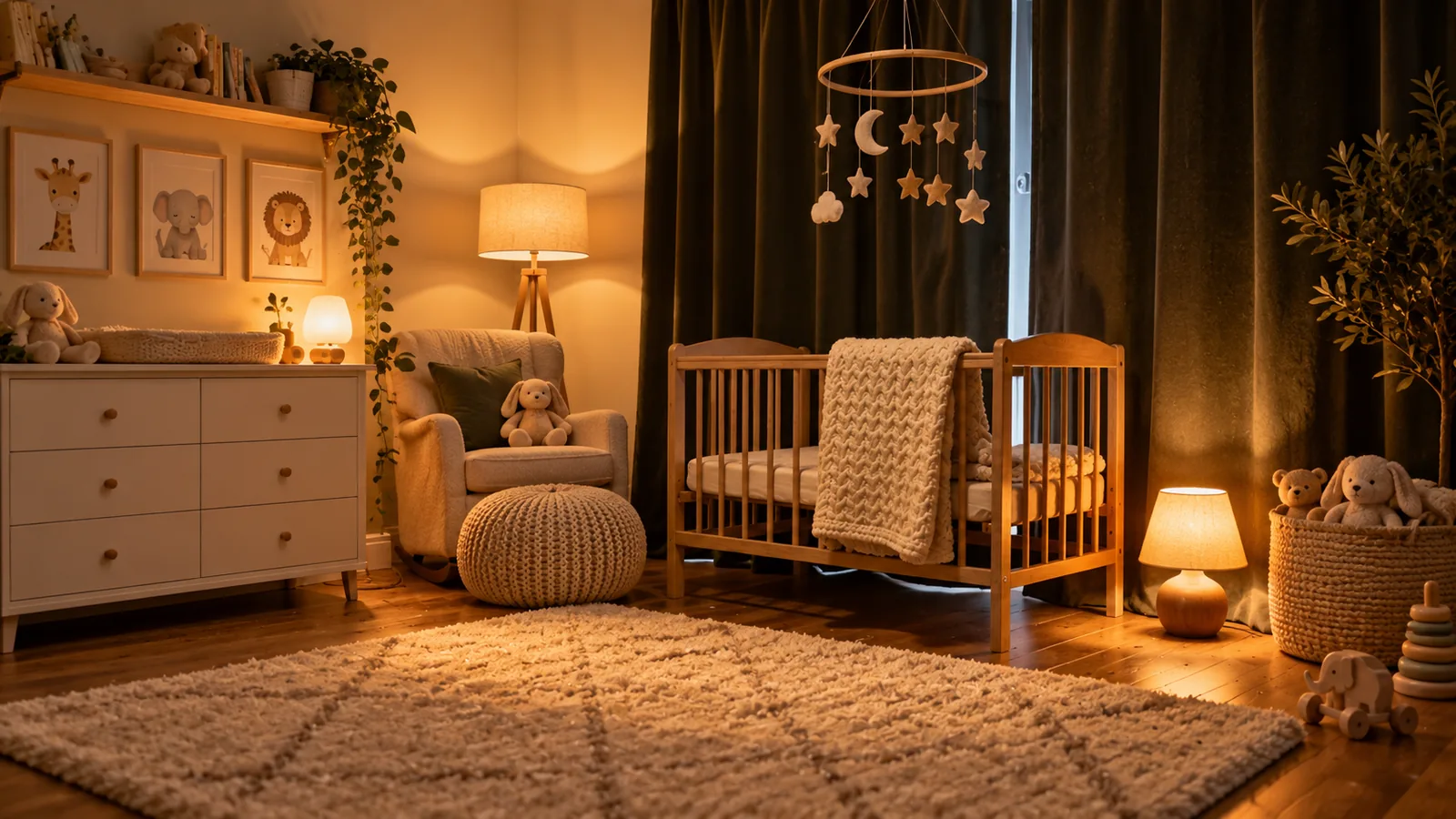 A dark nursery lit by a small amber lamp, with a cot, a knitted blanket and a mobile of paper stars