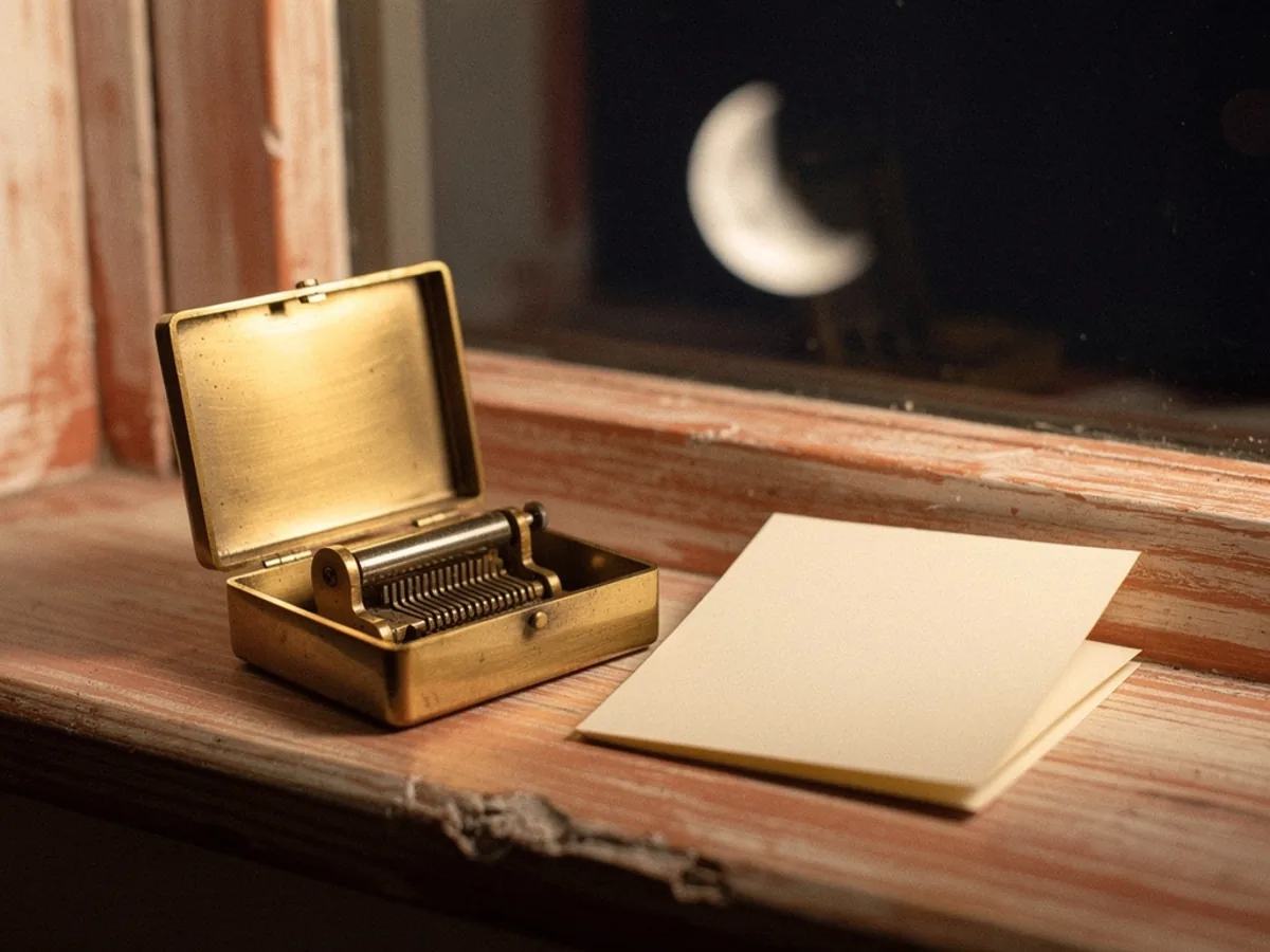 An open brass music box on a windowsill at night beside a blank sheet of paper, a crescent moon through the glass